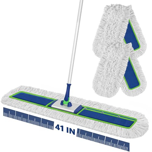 Enspoway Grand balai plat industriel : 104 cm de large et très résistant pour sols en bois dur – Plumeau pour sols secs avec 2 tampons de 150 cm de long manche pour garage, entrepôt, nettoyage d'usine