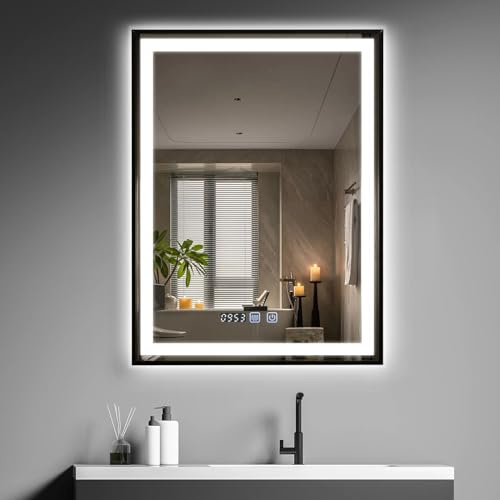 YOURLITE Bathroom Mirror with LED Light 800 x 600 MM Backlit Illuminated Wall Mounted Vanity Mirror with Demister Anti-Fog Makeup Mirror Dimmable 3 Color LED Light Touch Control Time Display IP44