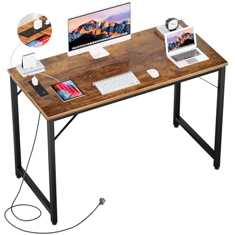 iSunirm Escritorio Gaming de 82 cm con Enchufes y Puertos USB, Mesa de Ordenador Pequeña para Espacios Reducidos, Mesa de Estudio Estable para Dormitorio Juvenil y Teletrabajo, Marrón rústico
