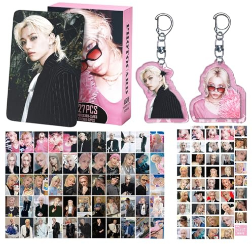 AYACZO 55 Piezas Postales SK y 72 Pegatinas,Con 2 Piezas de llaveros Acrílicos de Doble Cara,Set de Tarjetas Fotográficas Coreanas de SK, Set de Regalo de Merchandising