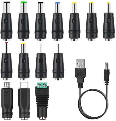 Dewlawn 14 en 1 Cable de Enchufe USB a DC Adaptador USB A con DC Conector 5.5mmx2.1mm Redondo y 14 Puntas 1 m Cable de Carga para Philip Router Tira LED Afeitadora TV Box Difusor Universal