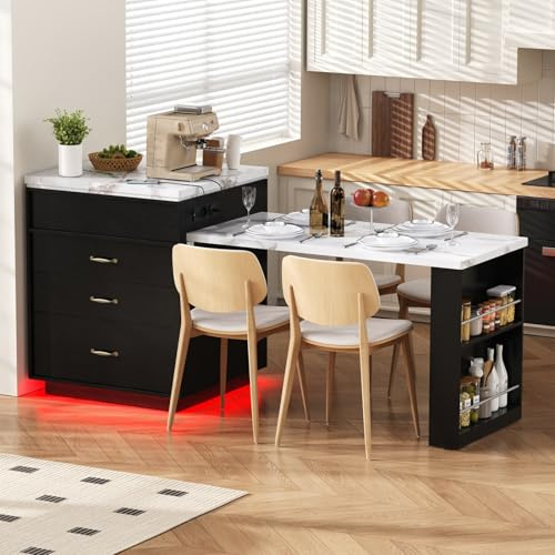 Sweiko Îlot de Cuisine Roulant avec Prises USB/Type-C et Table Extensible, îlot Central Cuisine Mobile avec 3 tiroirs et 2 Portes, LED Kitchen Island pour Cuisine, Salle à Manger