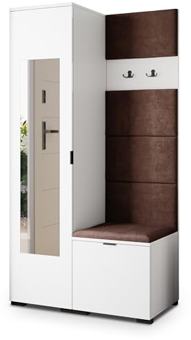 Masseno Flugarderoben Set VIRA, Kleiderschrank-Set mit Spiegel und Sitzbank, Garderobenschrank Flur mit 3 Regalböden, Weiß