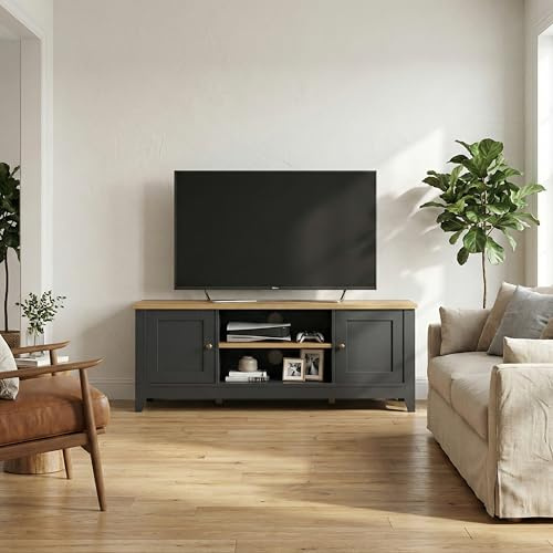 Furnihaus Windsor TV Cabinet, Traditional Cottage Style TV Stand Cabinet, 2 Doors and Open Shelves, Living Room Furniture for TVs up to 55 Inch, 120 cm Wide, Grey TV Unit with Wood Effect Top