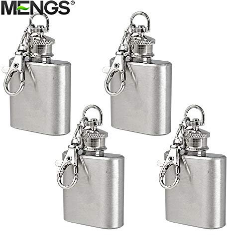 4X MENGS 1 Unze Flachmann mit Schlüsselanhänger für besonderen Anlässen(Hochzeit, Sport, Golf), hochglanzpoliertem Edelstahl, mini Whisky Liquor Vodka Alcohol Hip Flask