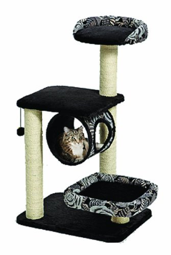 MidWest Homes for Pets Escapade - Árbol para gatos, con 4 niveles, postes rascadores con envoltura en sisal, plataforma de descanso abierta, de tamaño medio, modelo 138E-BK, estampado blanco y negro