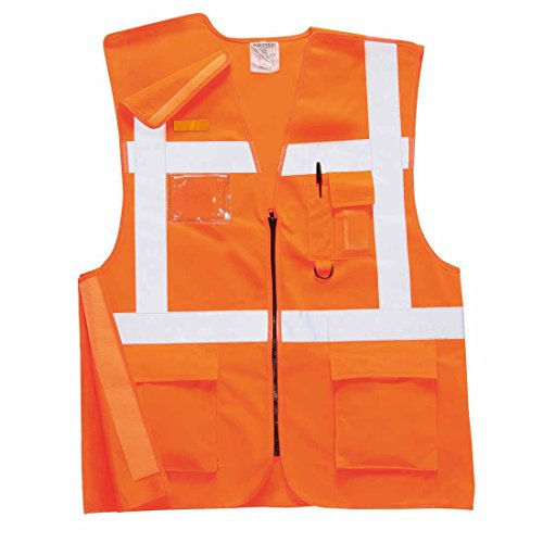 Portwest RT26O Executive Rail Vest Machine Washable Reflective Polyester | Orange, 2X Large, CE Certified, EN ISO 20471, RIS 3279 TOM, Regular Fit, Utility Pockets, Zip Front
