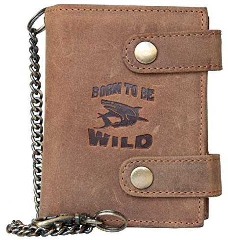Born to be Wild Biker's Geldbörse aus echtem Leder mit Metallkette mit Hai, Braun