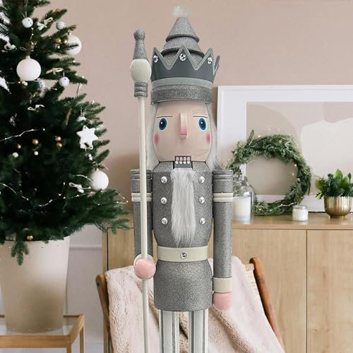 CDL Nussknacker, 1.8 m hoch, lebensgroß, groß, mit Glitzer, Weihnachten, Holz, Königs-Ornament auf Ständer, hält Zepter für drinnen und draußen, Party-Dekoration (1.8 m, King Silver k31)