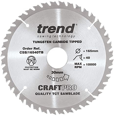 Trend CSB/16540TB Craft Pro Thin Kerf TCT Circular Saw Blade, 165mm x 40 Teeth x 30 Bore, Tungsten Carbide Tipped Trend CSB/16540TB Craft Pro, Thin Kerf TCT Circular Saw Blade, Tungsten Carbide Tipped, 165mm x 40 Teeth x 30 Bore