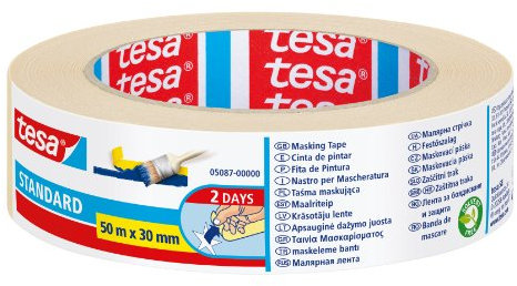 Tesa Nastro per Mascheratura Standard - Nastro in Carta per Mascheratura, Rimozione senza Residui per 2 Giorni, senza Solventi, 50 m x 30 mm