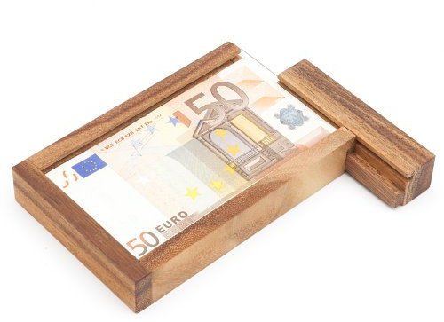 Casa Vivente Magische Geldgeschenkbox, Knobelspiel aus Holz, Geschenkverpackung mit Trickverschluss, Geduldspiel als Originelles Geburtstagsgeschenk, Verpackung für Geldgeschenke
