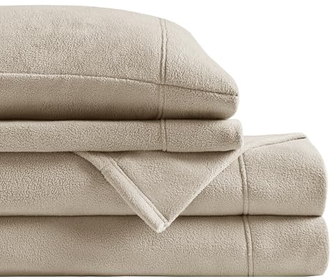Sleep Philosophy Micro Fleece Sheets King Size Bed Set 4 Piece, Khaki