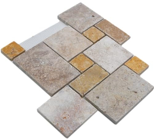 Naturstein Travertin Mosaikfliese Römischer Verband Deniz Braun Beige Boden Bad