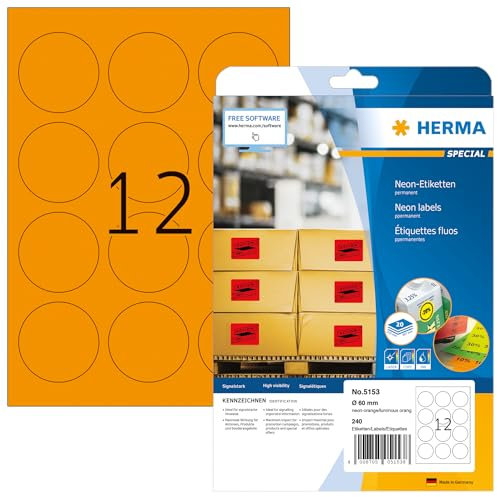 HERMA 5153 Farbige Etiketten rund neon orange, 20 Blatt, Ø 60 mm, 12 pro A4 Bogen, 240 Stück, selbstklebend, bedruckbar, matt, blanko Papier Neon-Etiketten Farbaufkleber