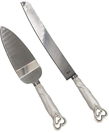 FASHIONCRAFT 2401 Tortenmesser und Tortenheber, ineinandergreifende Herzen Design, Hochzeitskuchenmesser und Tortenheber Set, Silber Edelstahl Messer Set