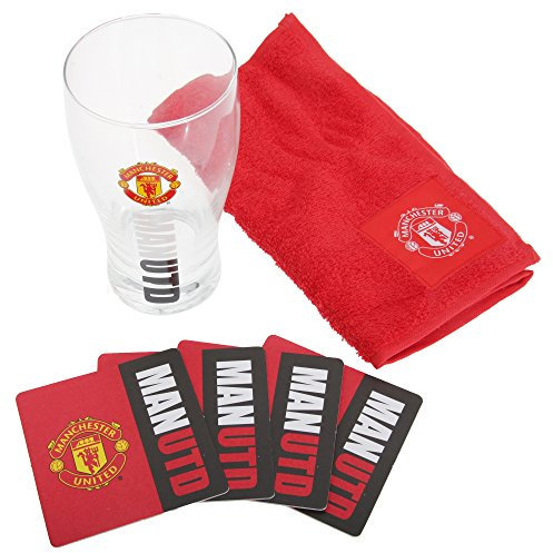 Manchester United FC Official Wordmark Mini Football Bar Set (Pint Glass, Towel & Beer Mats) (One Size) (Red/Black)