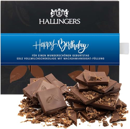 Hallingers Genuss Manufaktur Schokolade Geburtstagsgeschenk - Tafel handgeschöpften Edelkakaos ohne Alkohol edler Karton Happy Birthday ... Macadamia-Nougat, Geschenke für Männer Freund