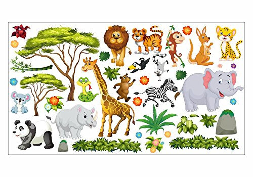 nikima - 060 Wandtattoo Wanddekoration Dschungel Tiere Löwe Elefant Koala Panda Giraffe Zebra - in 6 Größen - Kinderzimmer Sticker Wandaufkleber niedliche Wandsticker Wanddeko Wandbild Junge Mädchen (1500 x 840 mm)