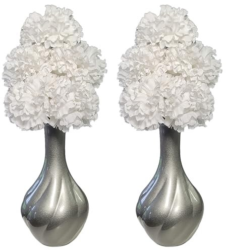 MATCHING PAIR of Silver Ornaments, Vases with Artificial Flowers, Home Decor Accessories, Silver White