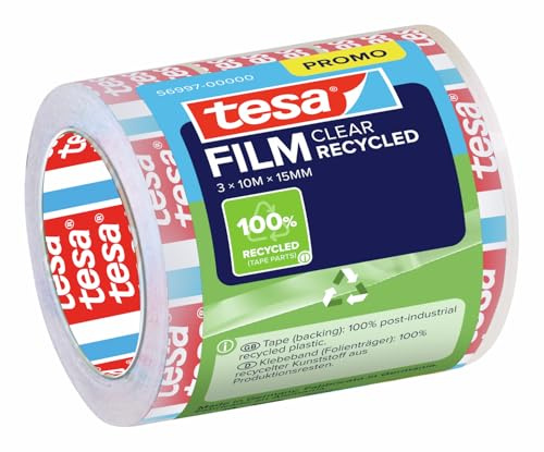 tesa tesafilm Clear Recycled Klebeband - transparent - 10 m x 15 mm - 3 St. | 3 Rollen reißfester Klebefilm - 100 % recycelter Kunststoff - starke Klebeleistung, lösungsmittelfrei und alterungsbeständig