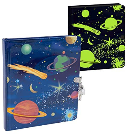 Peaceable Kingdom Deep Space Glow in the Dark 6.25 Lock and Key, Lined Page Diary for Kids