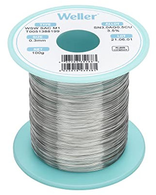 Weller WSW SAC M1 (T0051388199) Bleifreier Lötdraht, Ø 0,3 mm, Legierung Sn96.5Ag3Cu0.5, Flussmittelgehalt 3,5%, 100 g