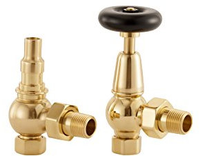UK-20 Ab Arroll traditional manual Radiator valve in Antique Brass with FSC certified black wooden wheel head & lockshield