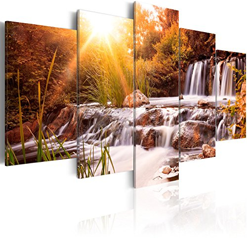B&D XXL - Leinwandbild Wasserfall Landschaft, 100x50 cm, 5-teilig, modern | Hochwertige Leinwand, sofort aufhängbar, ideal fürs Wohn- oder Schlafzimmer, wasserfest und lichtecht, langlebig, stilvoll
