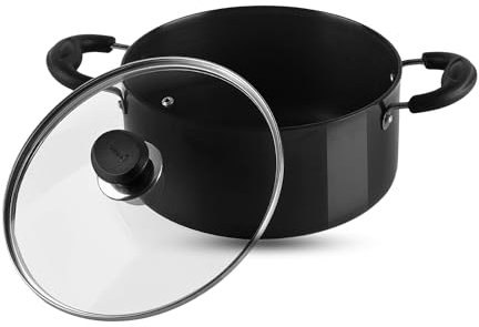 Vinod Black Pearl Hard Anodized Stewpot with Toughened Glass Lid - 11.2L, 30cm | Ideal for Soups, Curries, Stews & Batch Cooking | Gas Stove Compatible | 3.25mm Thick | Riveted Sturdy Handles - Black