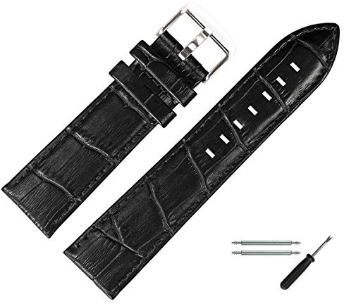 MARBURGER Uhrenarmband 28mm Leder Schwarz Silber Alligator Prägung Mit Naht - Montage Set 7892810000120