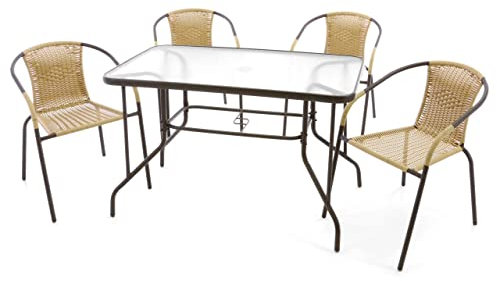 Nexos Trading 5-teiliges Gartenmöbel-Set – Gartengarnitur Sitzgruppe Sitzgarnitur aus Bistrostühlen & Esstisch – Stahl Kunststoff Glas – beige Dunkelbraun