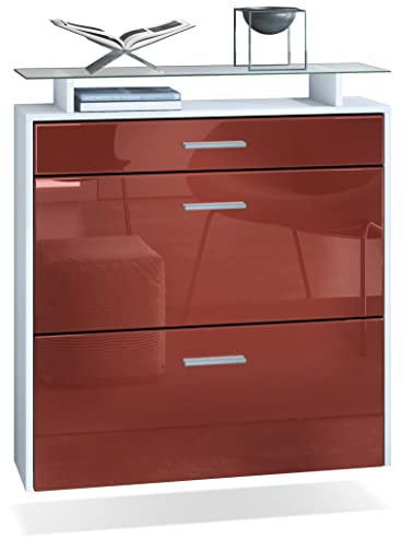 Vladon Schuhschrank Malea, hängender Schuhkipper für 16 Paar Schuhe mit 2 Klappen und 1 Schublade und Glasablage, Weiß matt/Bordeaux Hochglanz (89 x 96 x 23 cm)