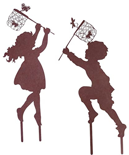 Vigcebit Junge Mädchen Dekoration - 2 Stück Gartendekoration aus Metall für den Außenbereich - Jungen-Mädchen-Silhouetten, die Insekten jagen, Gartenpflöcke, Rasen, Hof, Kunst, Schatten,