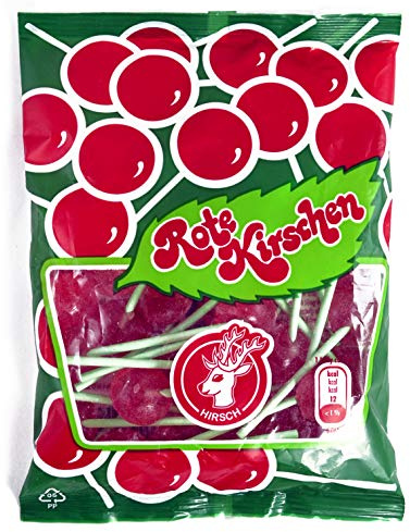 Rote Kirschen, Das ORIGINAL von HIRSCH, Kirschlutscher mit dem original grünen Stiel, 100g Beutel