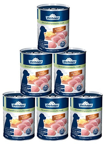 Dehner Premium Hundefutter Sensitive, Nassfutter zuckerfrei / getreidefrei, für ausgewachsene ernährugssensible Hunde, Huhn / Kartoffel, 6 x 400 g Dose (2.4 kg)