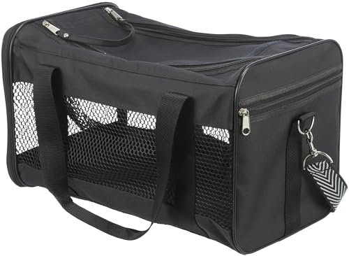 TRIXIE Haustier-Tasche Ryan für Hunde und Katzen, 28841, schwarz, 26 × 27 × 47 cm, Polyester, abnehmbarer Schulterriemen in schwarz/weiß, integrierte Kurzleine, optimale Luftzirkulation