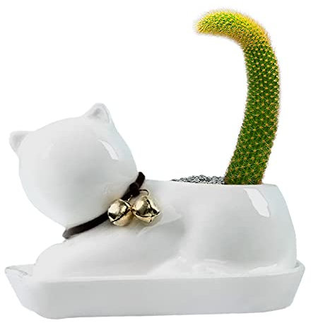 GeLive Pot de fleurs décoratif en forme de chat avec soucoupe (blanc)