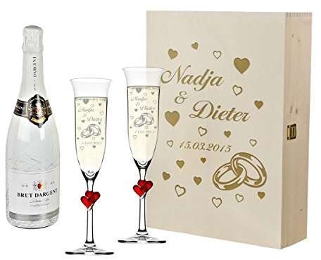 polar-effekt 2 copas de champán con corazones rojos y botella de champán en caja de regalo – Personalizado con grabado – Idea de regalo de boda Juego de copas de champán – Diseño de anillos con