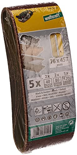wolfcraft 8415000 - Lot de 5 Bandes Abrasives 76 x 457 mm - Grain 40/80/120