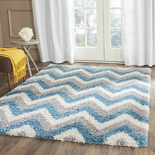 SAFAVIEH Kids Shag Collection Accent Rug - 4' x 6', Ivory & Blue, Chevron Design, Non-Shedding & Easy Care, 2-inch Thick Ideal for High Traffic Areas in Entryway, Living Room, Bedroom (SGK568C)
