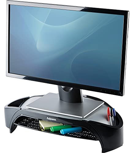 Fellowes Monitorständer Smart Suites Plus, höhenverstellbar, für Monitore bis 21 Zoll, platzsparende dreieckige Form, mit Zubehörfächern