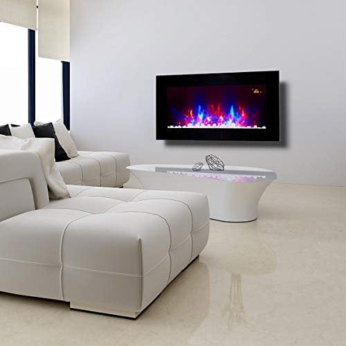 2025 90.8cm Wide TruFlame Wall Mounted Flat Black Glass Electric Fire with Pebble and Log Effect