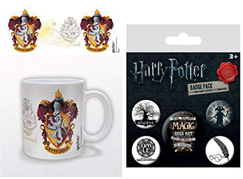 HARRY POTTER, Gryffindor Crest Taza Foto (9x8 cm) Y 1, Set De Chapas (15x10 cm)