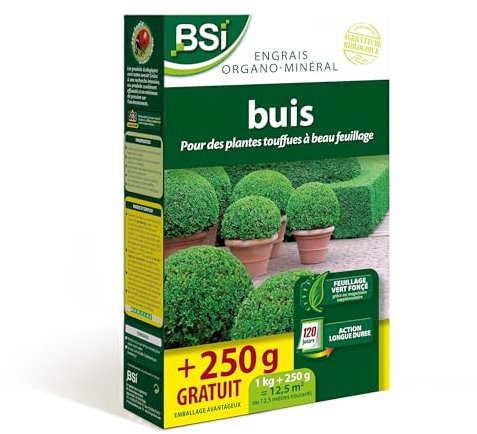 BSI - Engrais - Buis - Bio - Oragno-Minéral - Pour Des Buis Touffus Au Feuillage Etincelant Et Vert Fonçé - Action Longue Durée - 1Kg + 250g Gratuit - Jusqu'à 12,5 m² - UAB