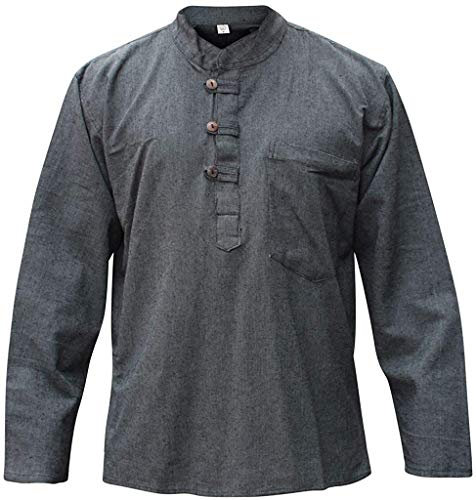 SHOPOHOLIC FASHION Camicie da Uomo Hippy con Colletto a Fascetta in Tessuto di Canapa Tinta Unita, Grigio, 3XL
