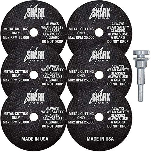 Shark Welding USA PN-26-6M Die Grinder Cut-Off Wheel and Mandrel Kit, 3-Inch x 1/32 x 3/8” Shark Type-1 Double-Reinforced Thin Wheels, 54 Grit (6 Cutting Discs and 1 Mandrel)