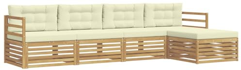 vidaXL Outdoor-Sofagarnitur mit Kissen 5 pcs Weiß und Creme Polyester, Garten, modernes Outdoor-Sofa, Sitzgruppe für die Terrasse, gemütliche Loungemöbel
