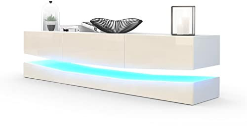 Vladon Lowboard City, Made in Germany, TV-Kommode mit Sockelelement, 1 offenem Fach und 3 Schubkästen, Schwarz matt/Creme Hochglanz, inkl. LED-Beleuchtung (178 x variabel x 39 cm)