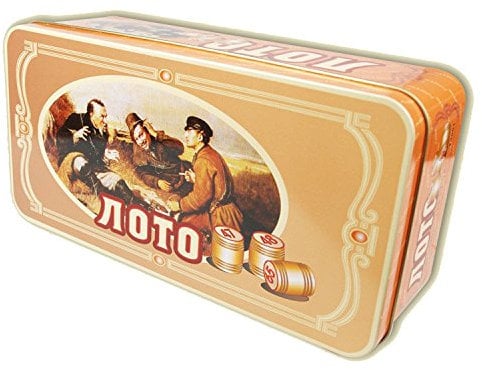 rukauf Russisches Lotto (Loto) Spielset im Metallkasten mit Holzfiguren Bingospiel Familienspiel Bingo